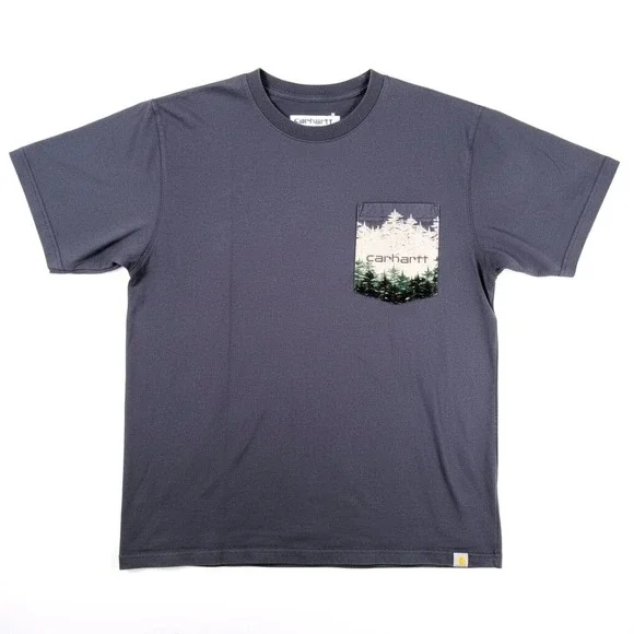 Carhartt Mens L Relaxed Fit Cotton Gray Blue Pine Forest Graphic Pocket T Shirt - Picture 5 of 12